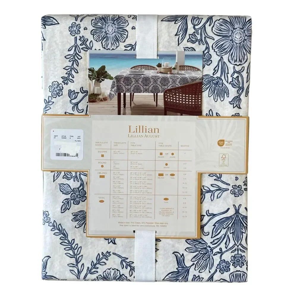 Lillian August Floral Easy Care Indoor Outdoor Tablecloth 60x120 Blue White NEW